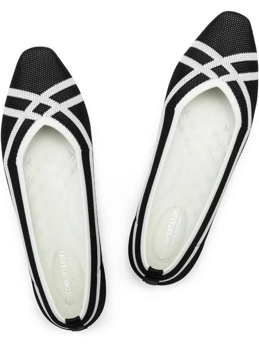 Frank Mully Women's Black White Rubber Knit Square Toe Comfortable Slip On Flats